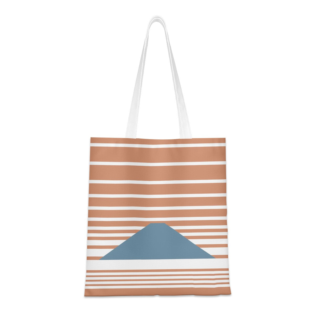 Tote bag with brown and white stripes and a blue pocket on a white background