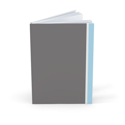 Gray notebook with a light blue spine on a white background