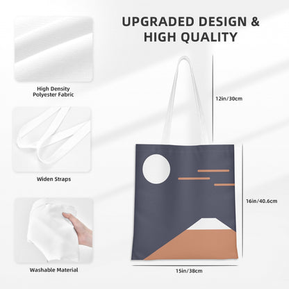 White tote bag with design, fabric texture, and measurements on a white background
