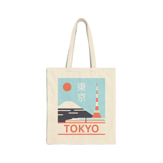 Tote bag with a design of Tokyo Tower and Mount Fuji on a white background