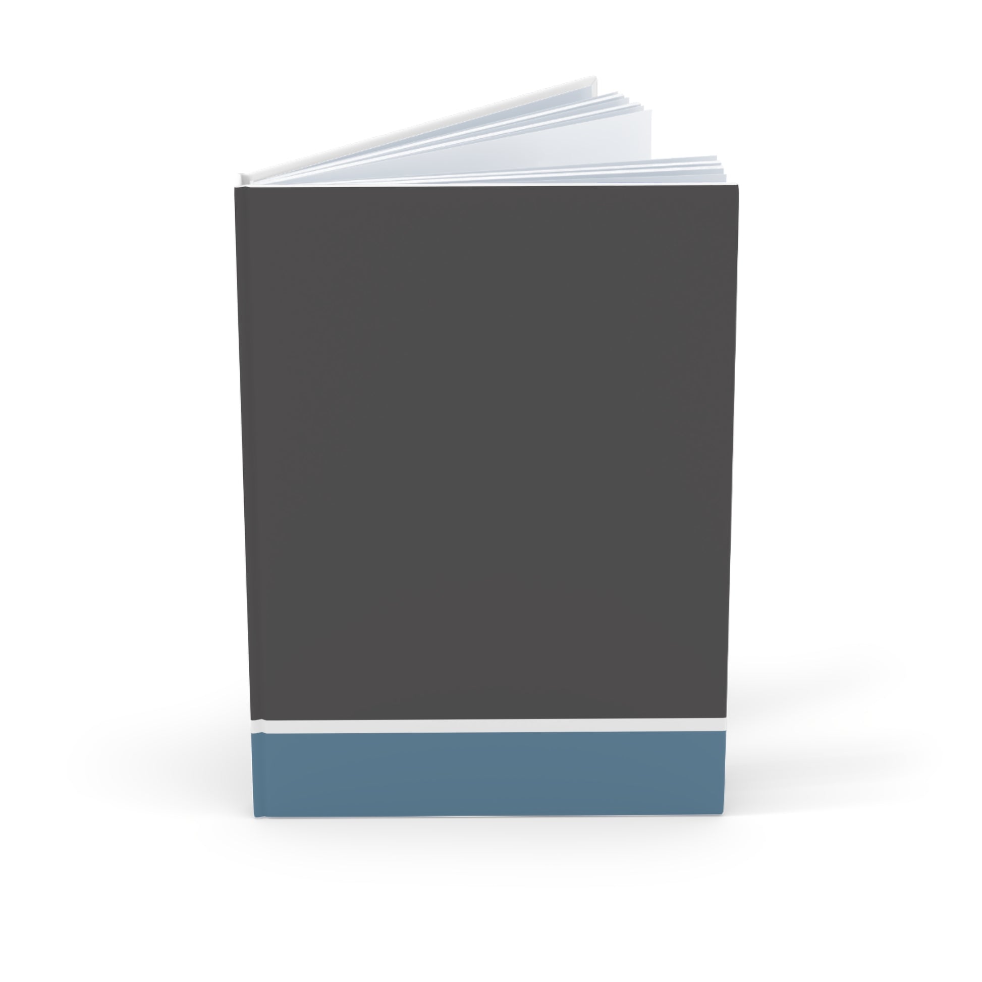 Notebook with a dark gray cover and blue bottom section on a white background