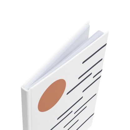 White notebook with a brown circle and black lines on a white background