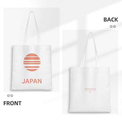 White tote bag with 'Japan' and sun design on front, back view shown.