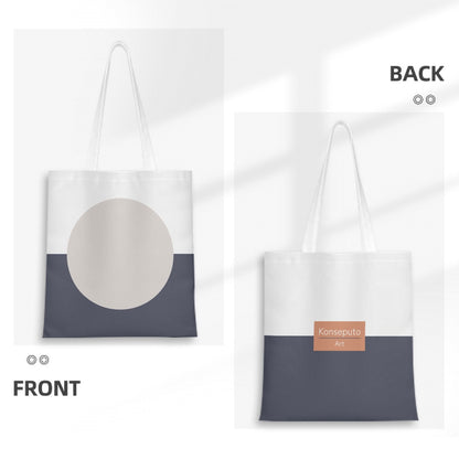 Tote bag with a round design on the front and a brand label on the back, shown from front and back views.