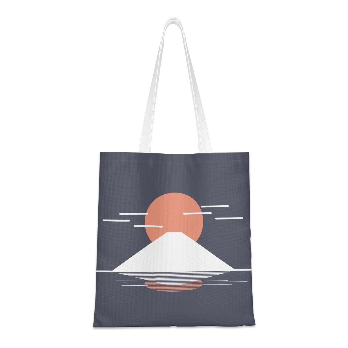 Tote bag with a mountain and sun design on a white background