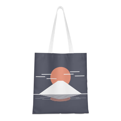 Tote bag with a mountain and sun design on a white background