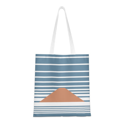 Tote bag with blue and white stripes and a brown triangle on a white background
