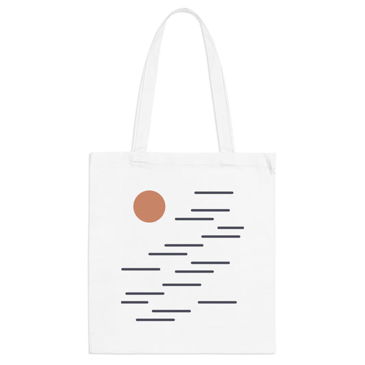 White tote bag with a brown circle and black lines on a white background