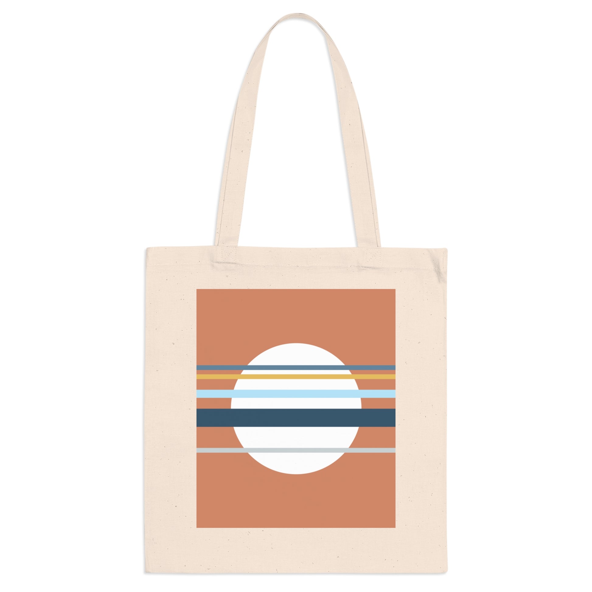 Beige tote bag with a sun design on a white background