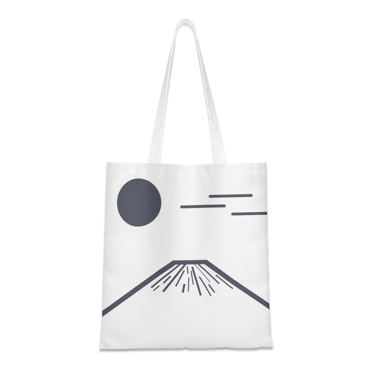 White tote bag with black abstract design on a white background