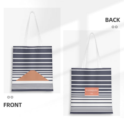 Tote bag with striped design on front and back, featuring a brand logo.