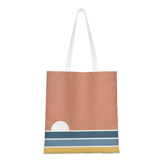 Tote bag with a design of a sun and horizontal stripes on a white background