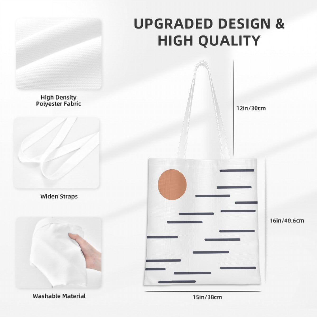 White tote bag with design details and measurements on a white background