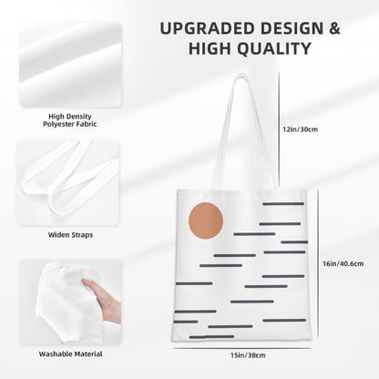 White tote bag with design details and measurements on a white background