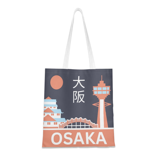 Tote bag with Osaka landmarks and text on a white background