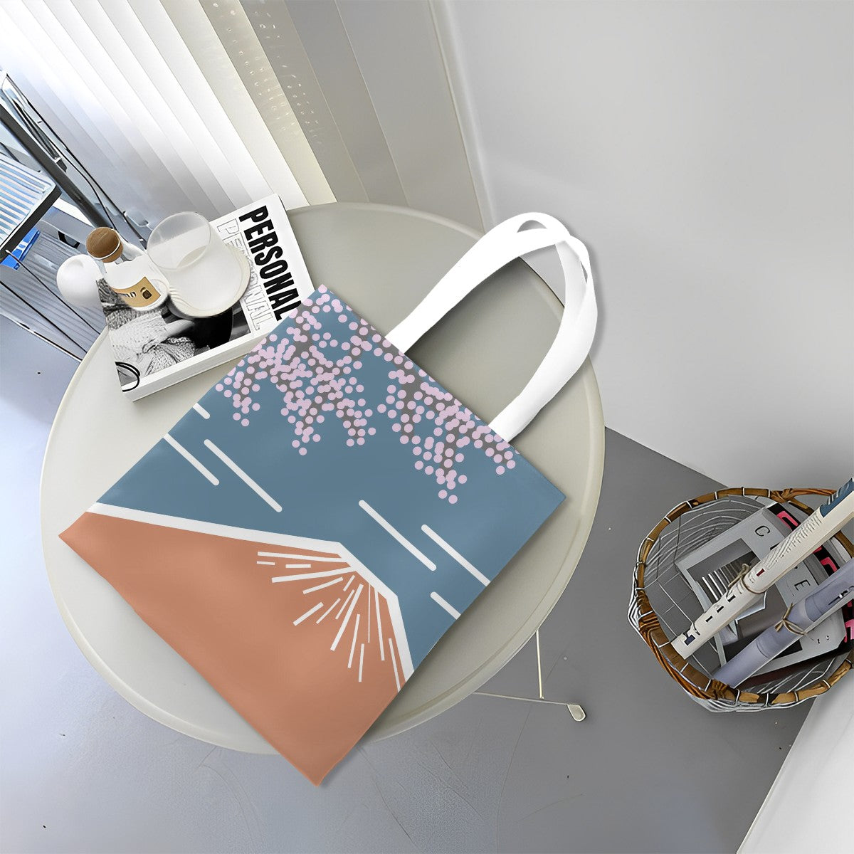 Tote bag with floral design on a round table