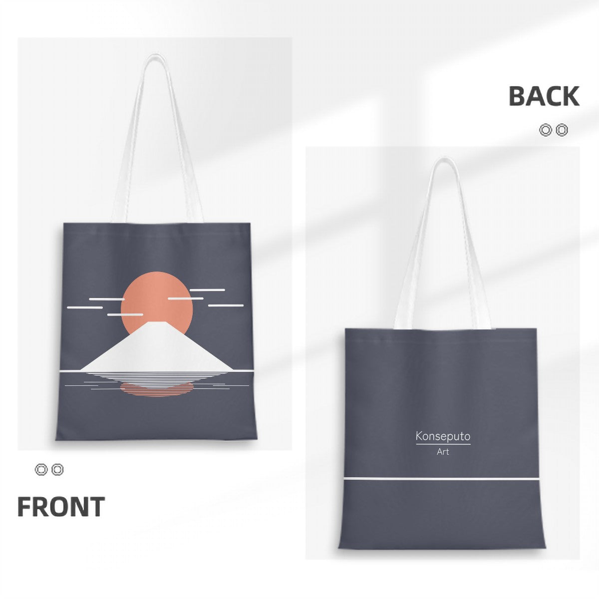 Fuji Reflections Tote Bag – Minimalist Japanese Canvas Tote with Mt. Fuji Design – Navy Blue