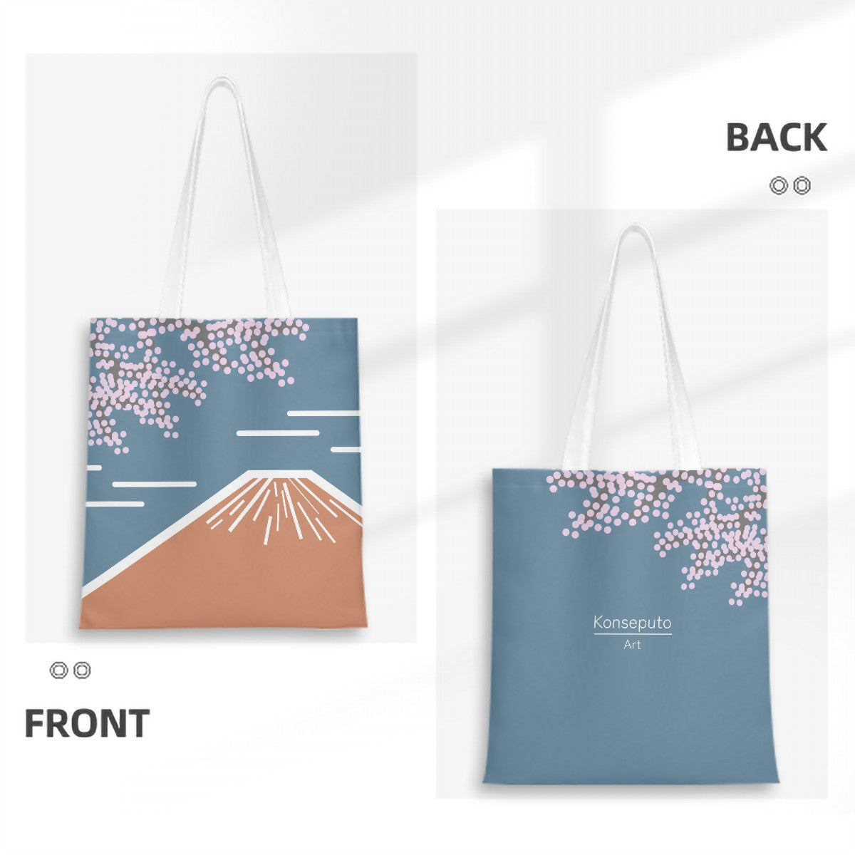 Tote bag with front and back views showing a mountain and cherry blossom design.