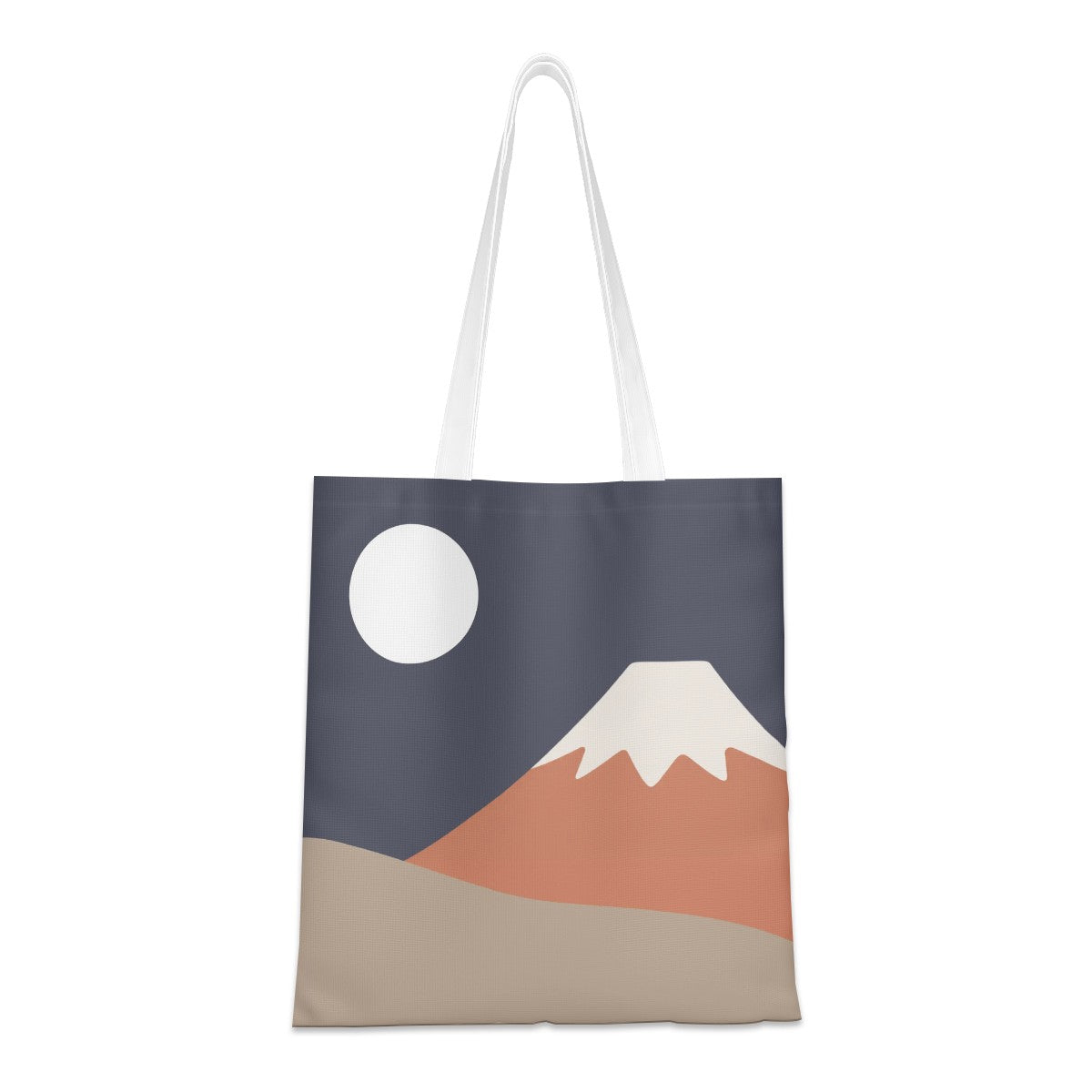A canvas tote bag with white shoulder straps, featuring a minimalist graphic print of a mountain, a white moon, and abstract landscape shapes in navy, terracotta, peach, and beige.