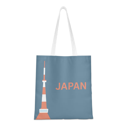 Tote bag with a graphic of the Tokyo Tower and the word 'Japan' on a blue background