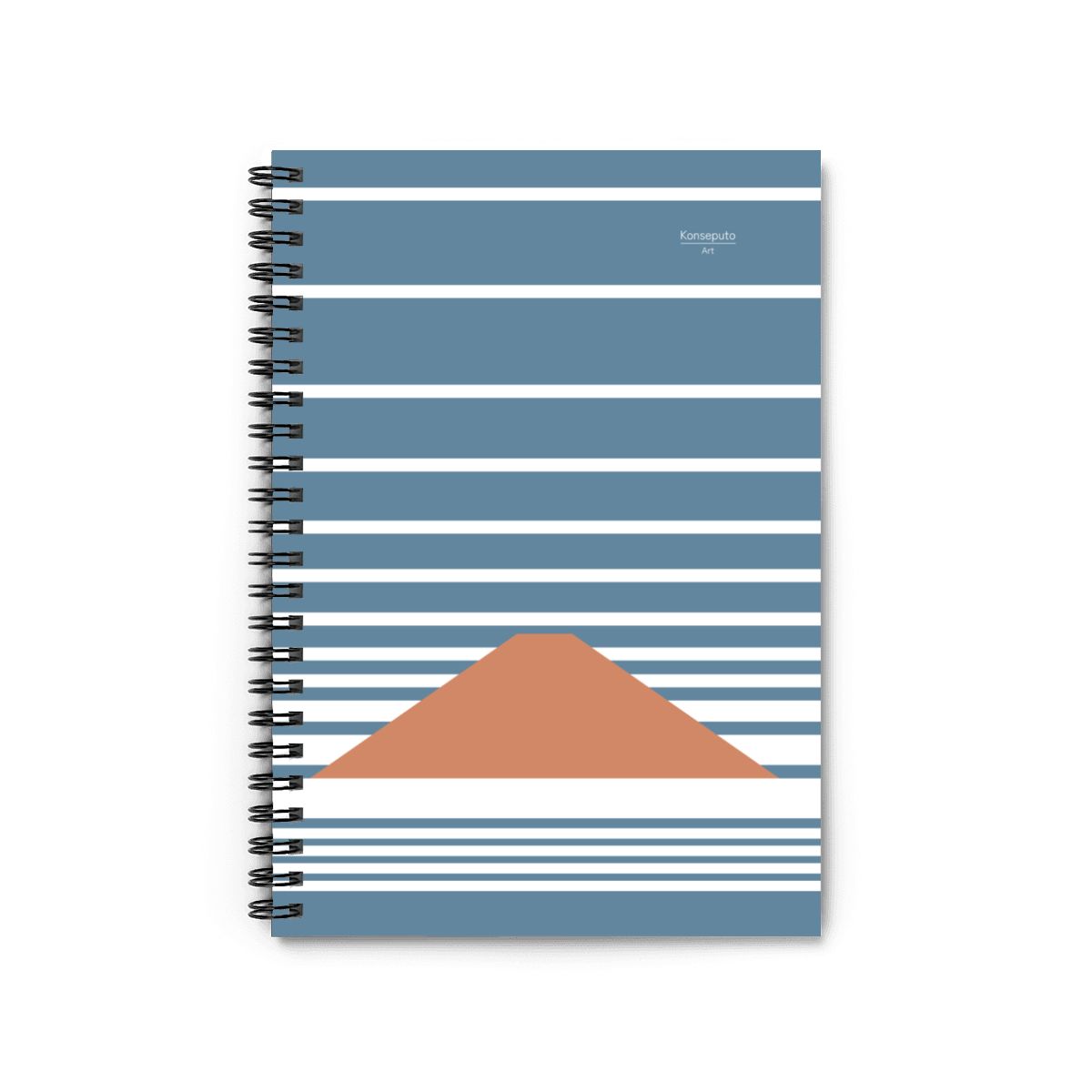 Notebook with blue and white striped cover and brown mountain design on a white background