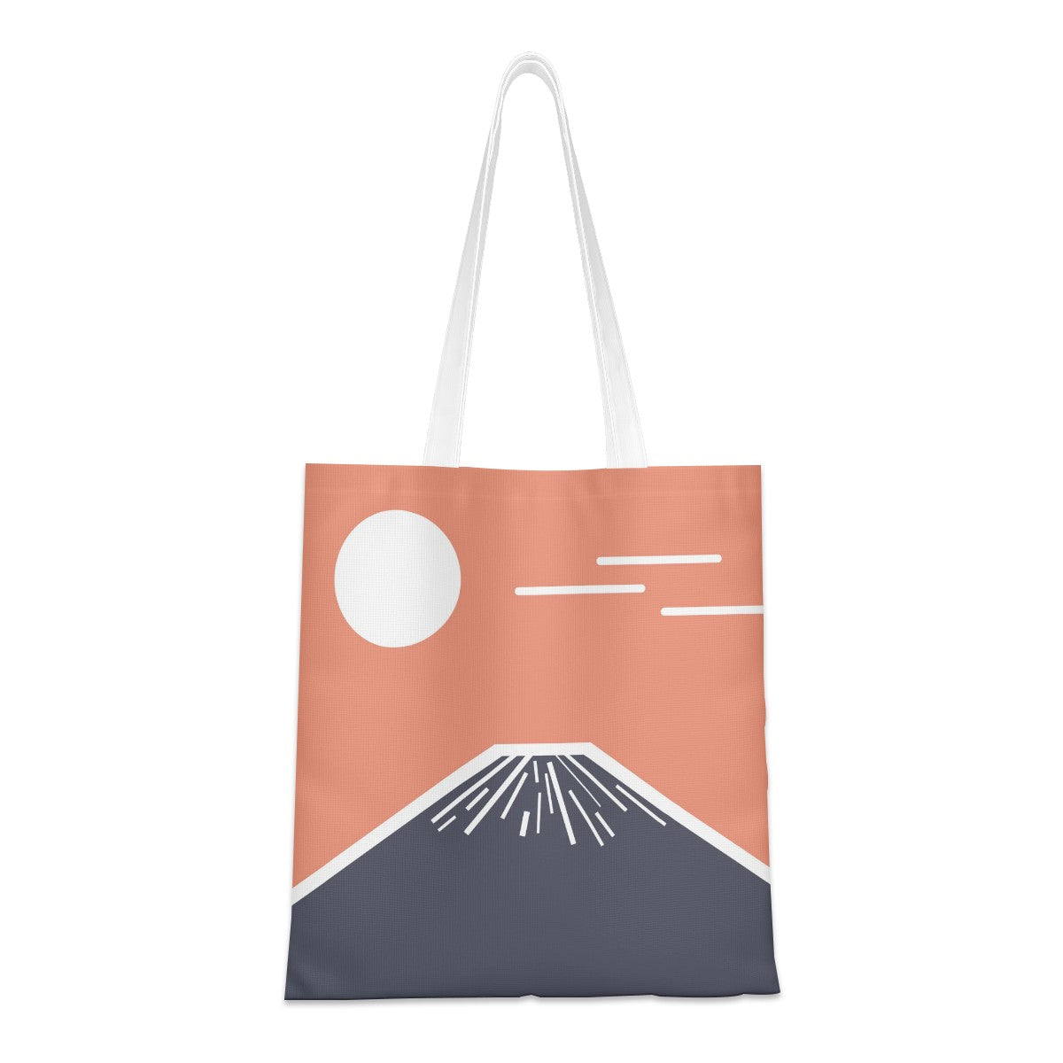 Tote bag with a minimalist design of a mountain and sun on a white background