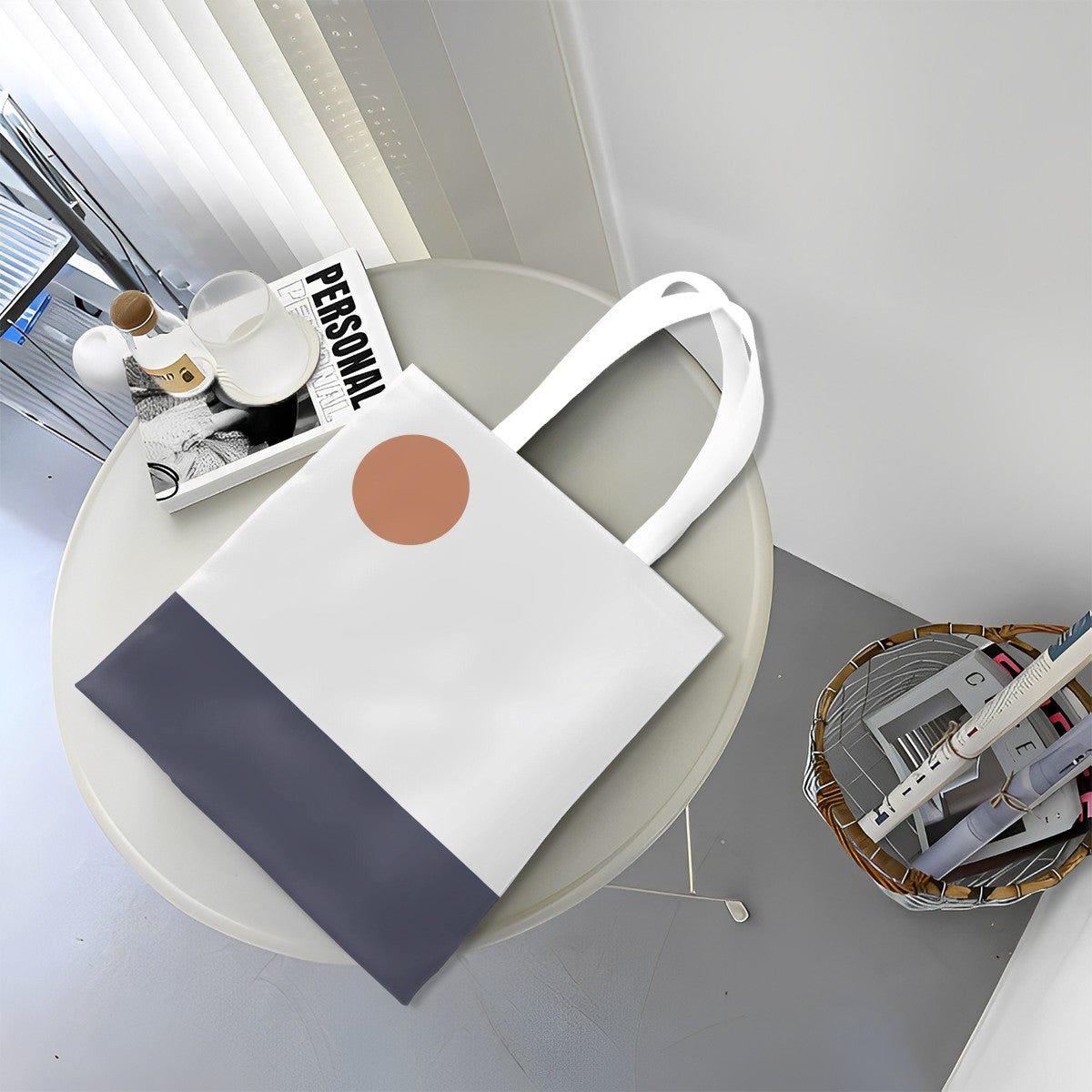White tote bag with a brown circle on a round table