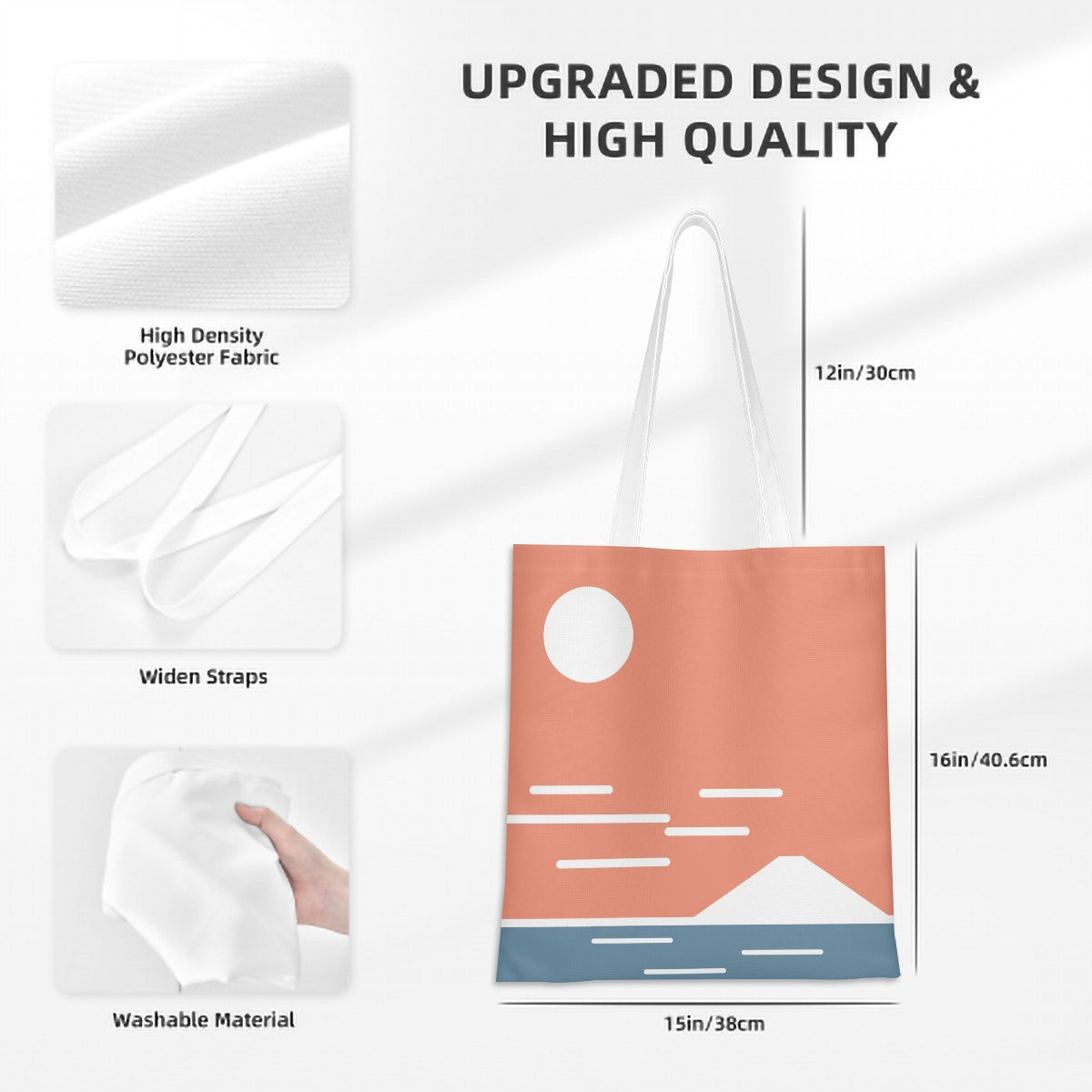 White tote bag with design, fabric details, and measurements on a white background