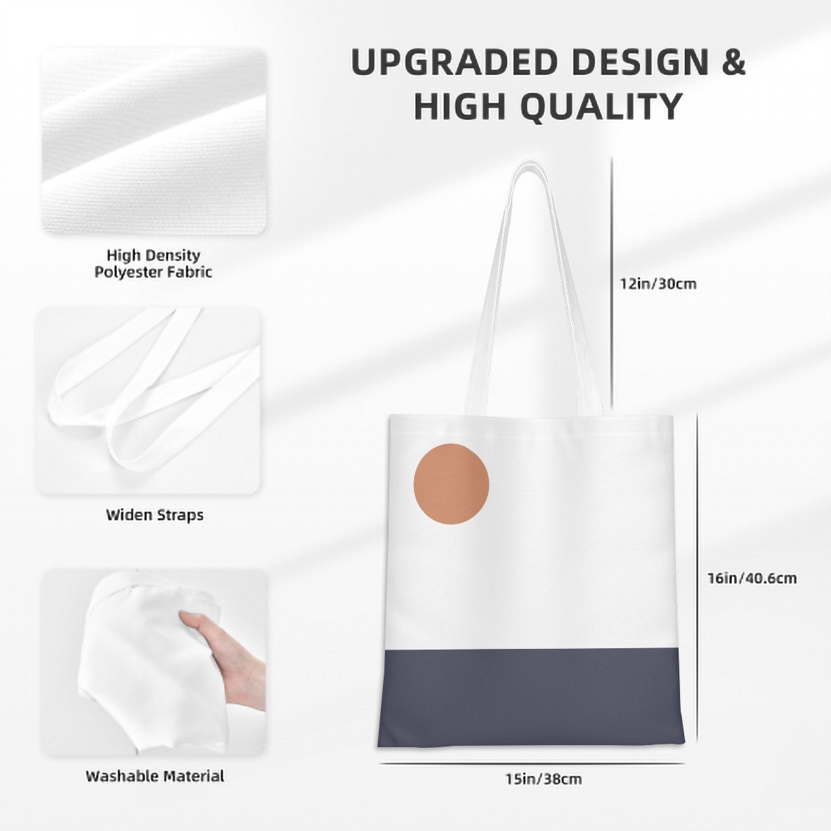 White tote bag with a brown circle design, showing fabric texture, straps, and dimensions on a white background.