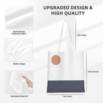 White tote bag with a brown circle design, showing fabric texture, straps, and dimensions on a white background.