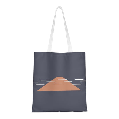 Tote bag with a minimalist design of a brown triangle on a dark blue background