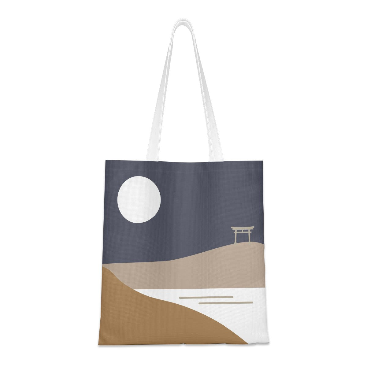 A canvas tote bag with white shoulder straps, featuring a minimalist landscape print in navy, beige, and white. The design includes a large white circle representing the moon, a small torii gate, and layered hills.